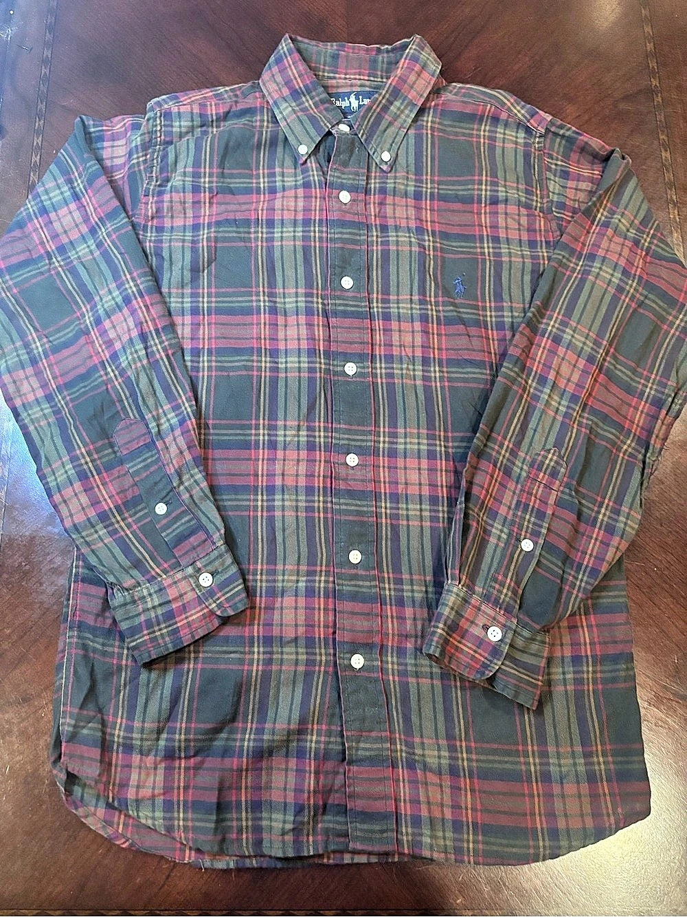 Ralph Lauren Men’s L Plaid Button Down Shirt Green Red Navy 100% Cotton Pony